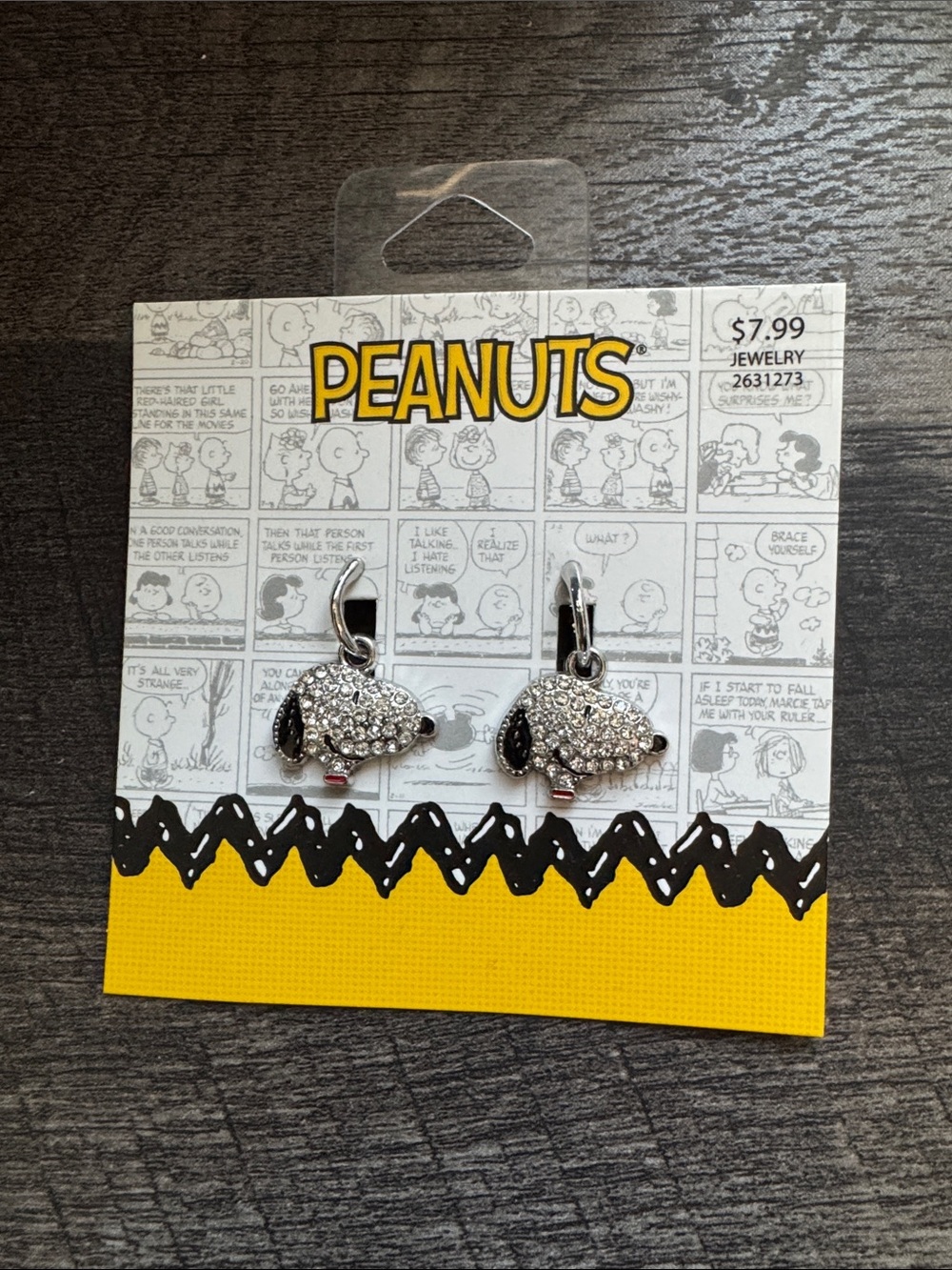 Peanuts Kids Silver Crystal Snoopy Head Earrings with Black Accents